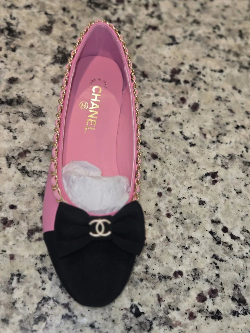 Chanel Pink & Black Bow Cap-Toe Chain Ballet Flats